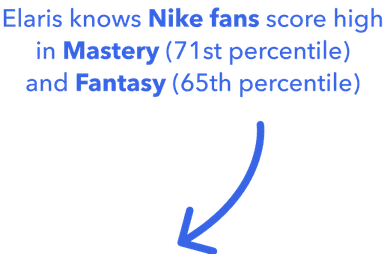 Elaris knows Nike fans score high in Mastery (71st percentile)and Fantasy (65th percentile)